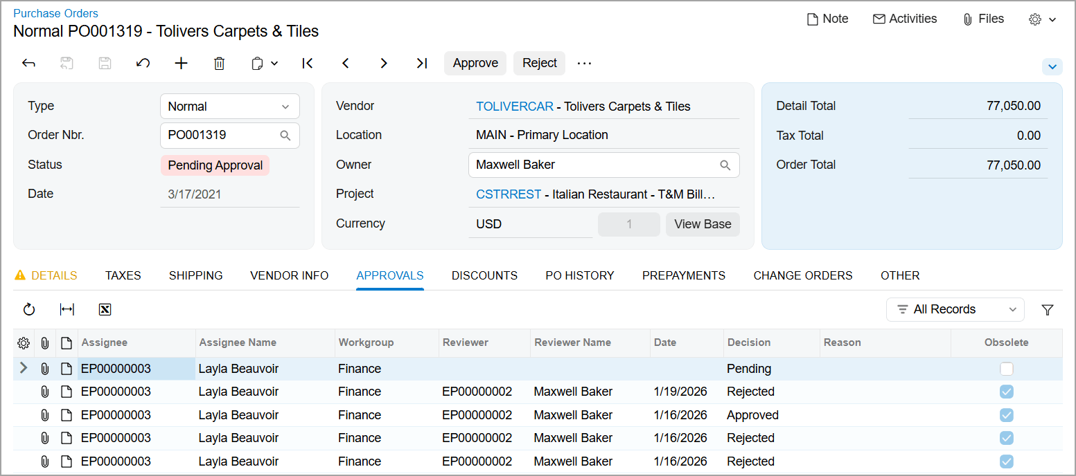 Historial del flujo de trabajo de aprobación del ERP