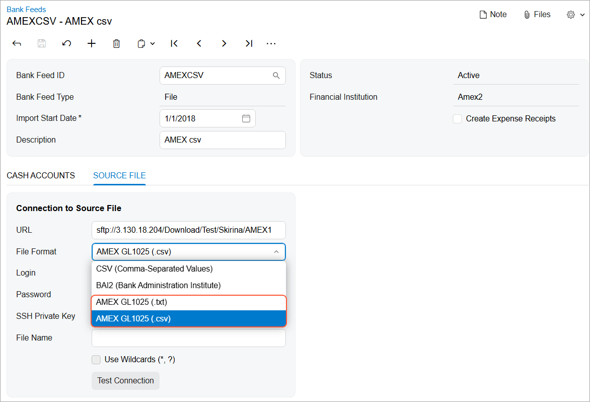 Compatibilidad con archivos AMEX GL1025 en las importaciones bancarias del sistema ERP