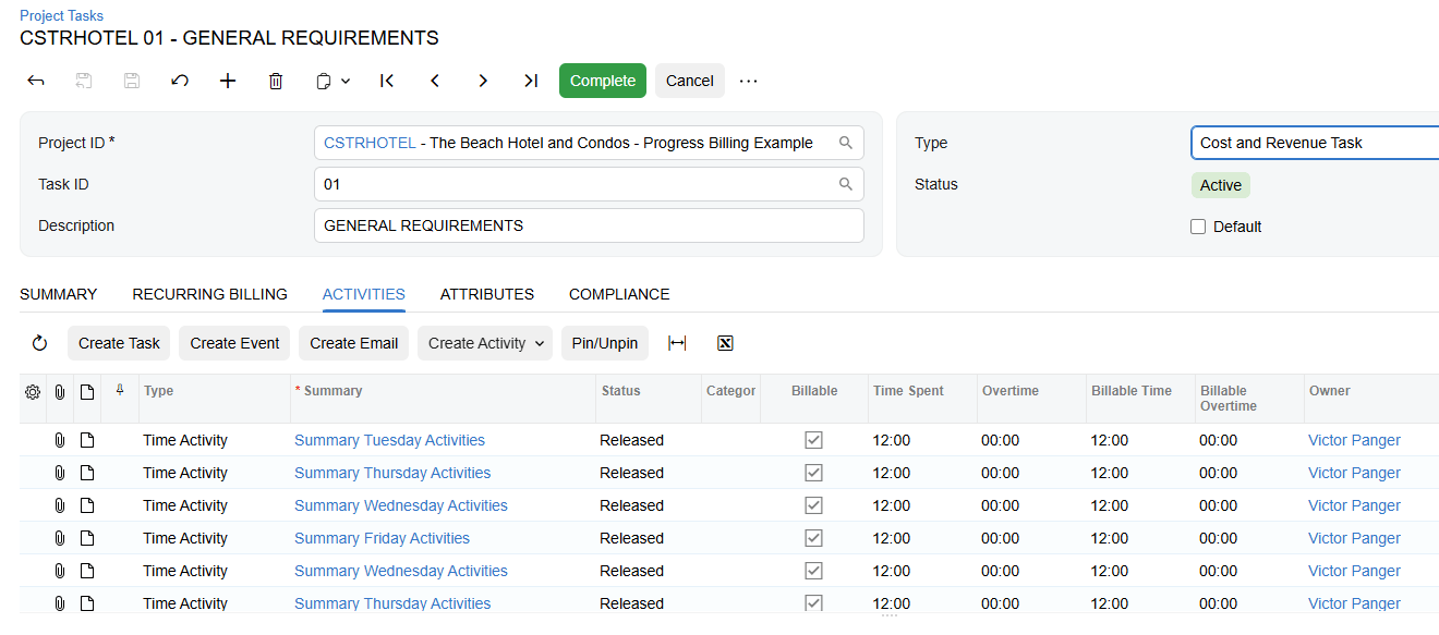 Screenshot of time and expense management