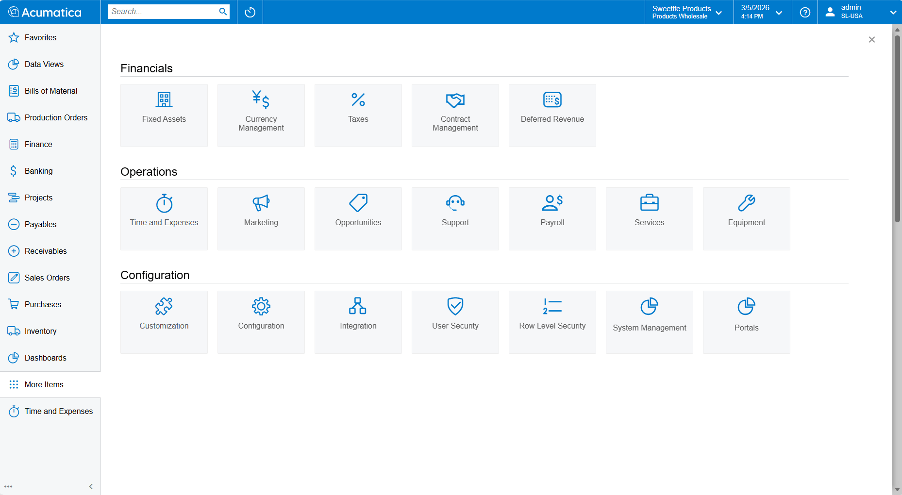 Screenshot of the Acumatica Modules menu