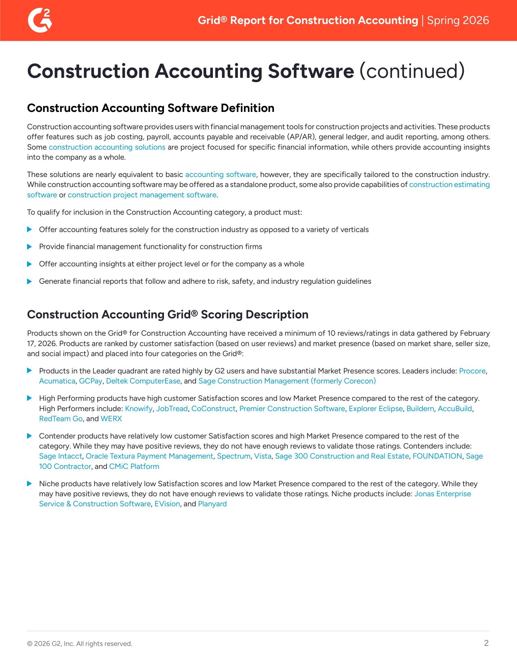 G2 Compares 25 Construction Accounting Software's for the Spring 2026 Grid Report, page 1