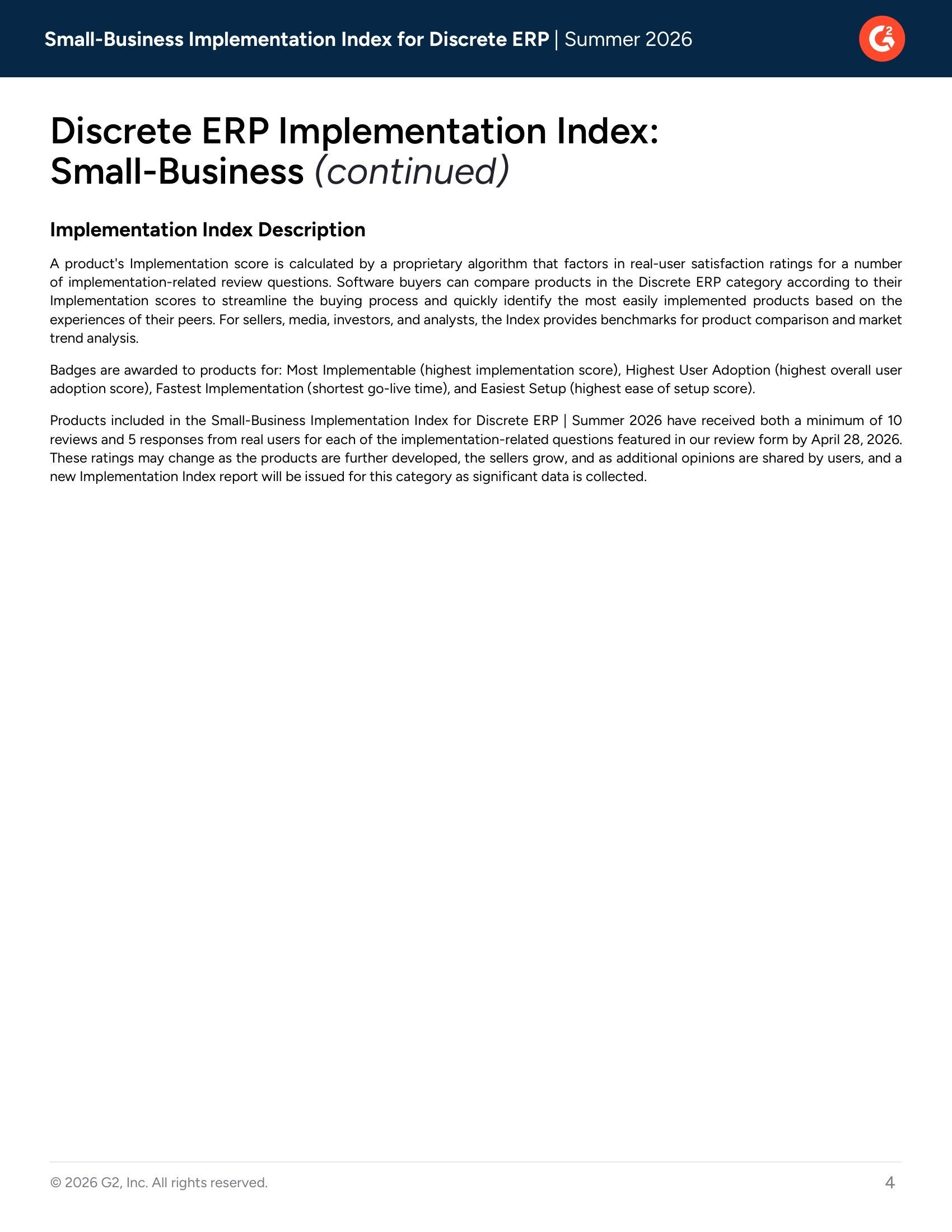 Top-Ranked Small-Business Discrete ERP Solutions in G2’s Summer 2026 Implementation Index, page 3