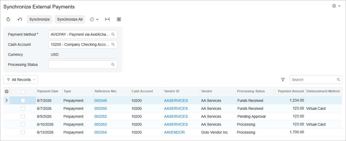 Screenshot of Acumatica Real-Time Payment Status and Reconciliation