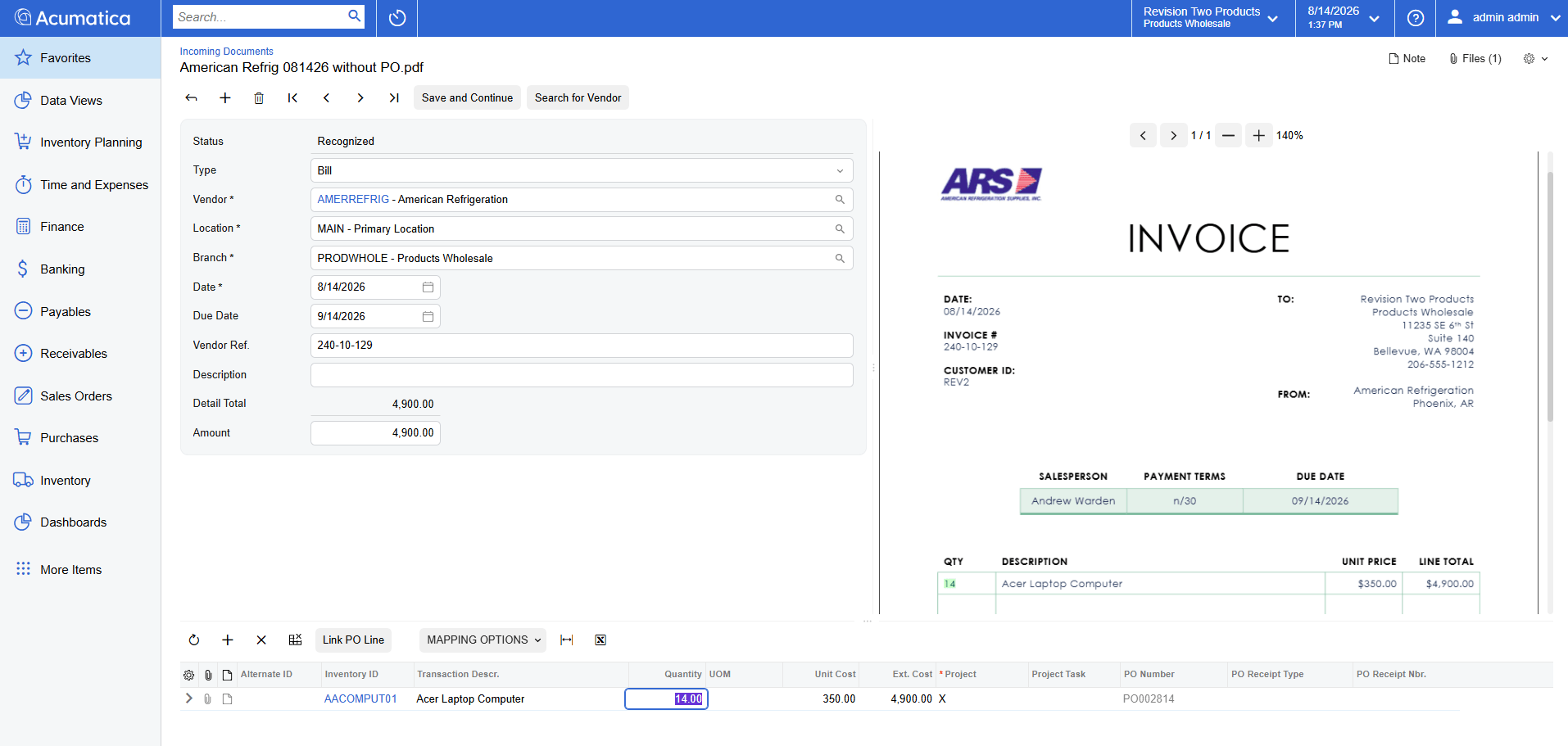 Screenshot of Acumatica AI-powered invoice capture 