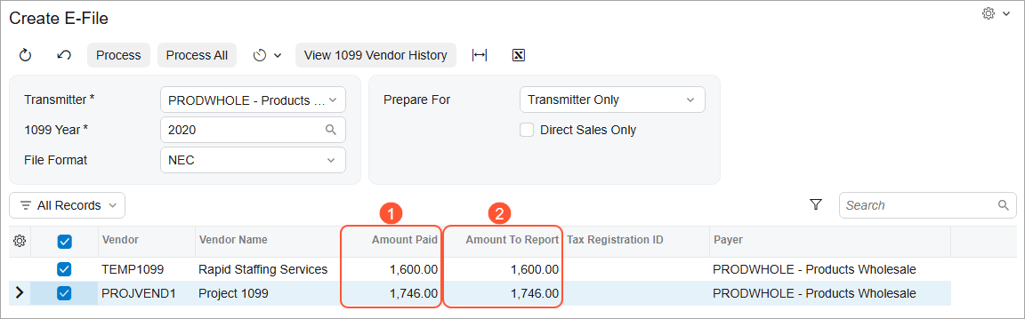 Acumatica Cloud ERP 1099 e-filing — Create E-File generates IRIS-formatted CSV files for the IRS FIRE to IRIS transition, supporting 1099-MISC and 1099-NEC