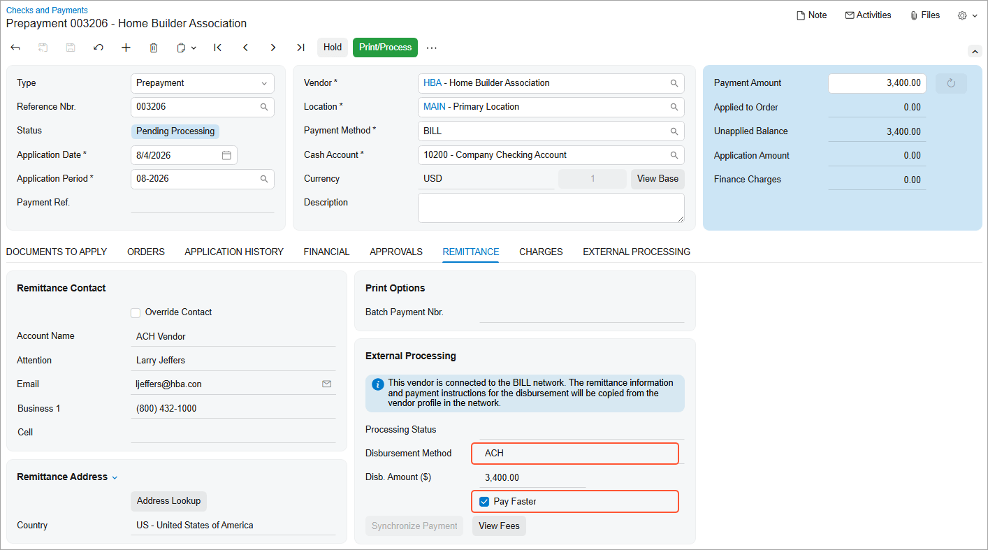 Acumatica Cloud ERP vendor payment automation — faster ACH payments to vendors through BILL with Pay Faster enabled