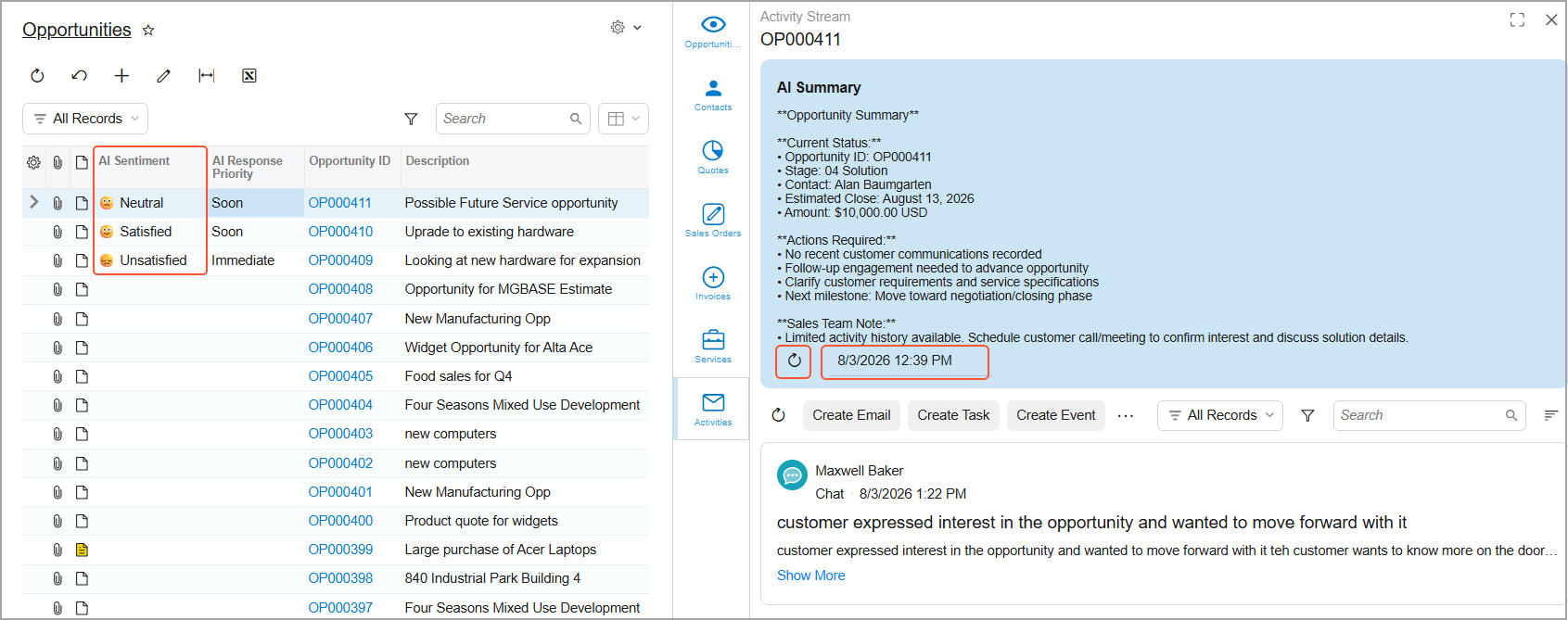 Acumatica Cloud ERP CRM AI — sentiment analysis and response priority on opportunities with AI-generated summaries, next steps, and suggested replies