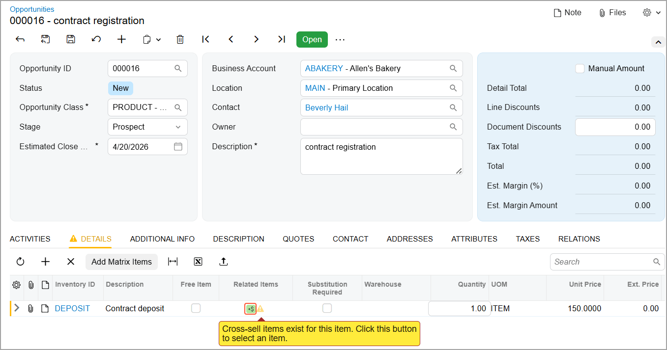 Acumatica Cloud ERP CRM cross-sell and upsell — related-item suggestions on opportunities and quotes to add substitutes, upsells, and cross-sells