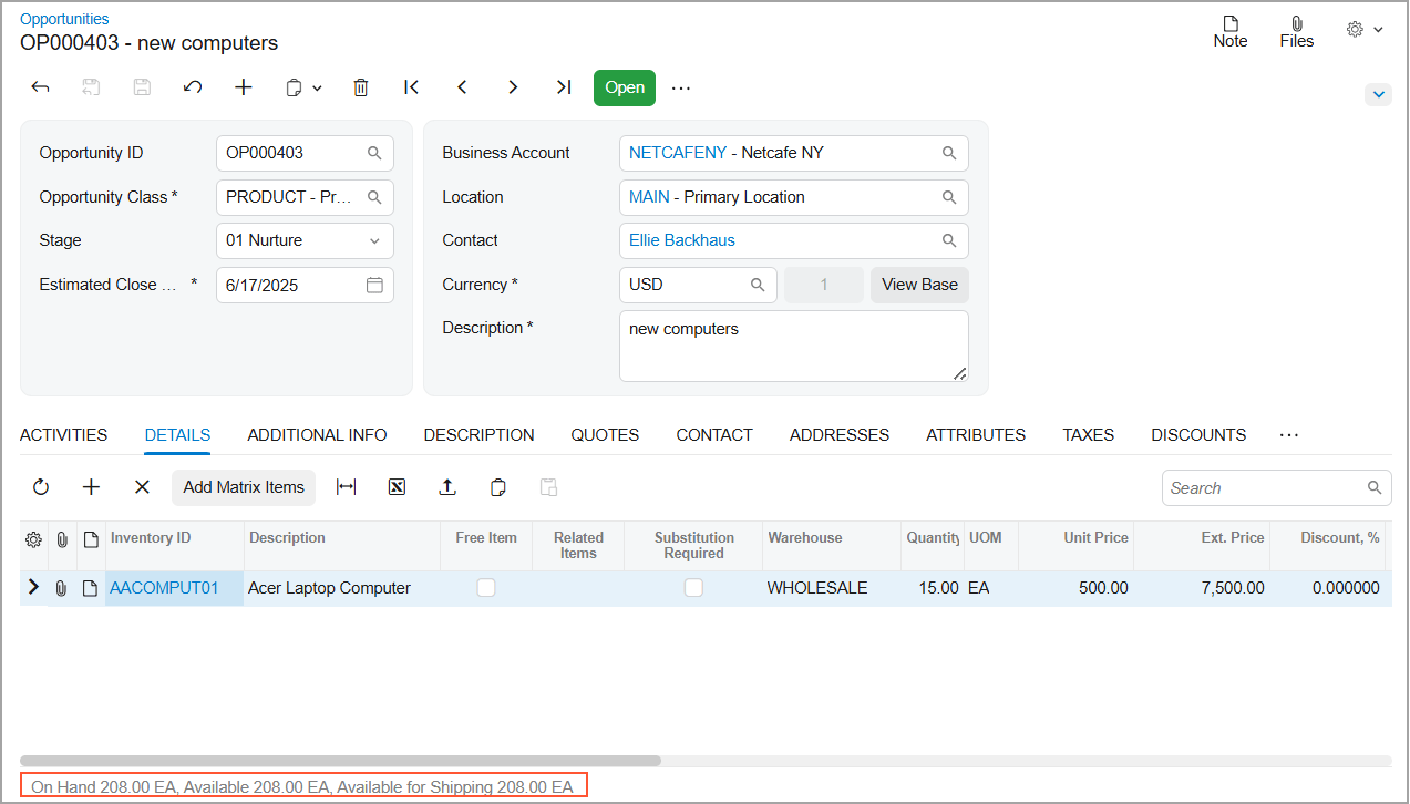Acumatica Cloud ERP CRM with real-time inventory — On Hand, Available, and Available for Shipping quantities shown on opportunities and sales quotes