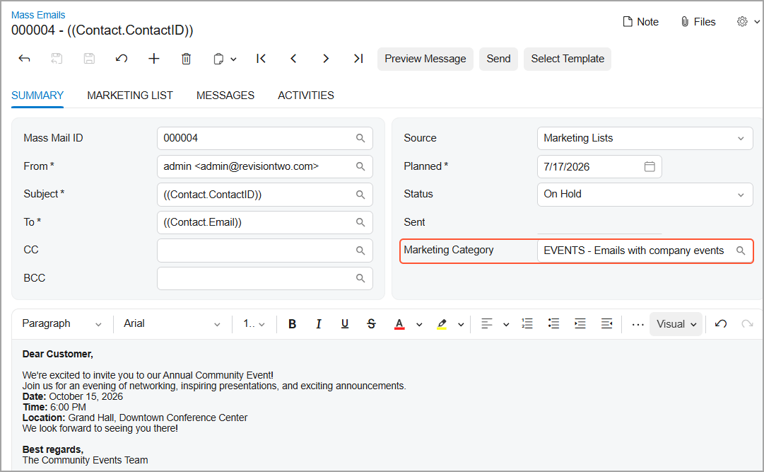 Acumatica Cloud ERP CRM email marketing — organize mass emails into marketing categories with automatic recipient preferences and SendGrid unsubscribe groups