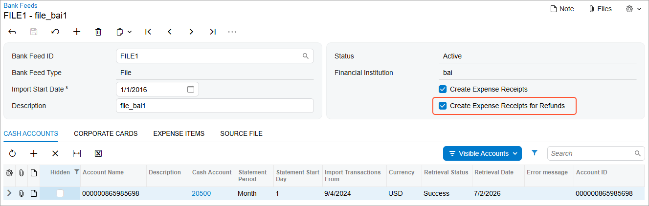 Acumatica Cloud ERP expense automation — automatically create expense receipts from corporate card refunds via bank feeds