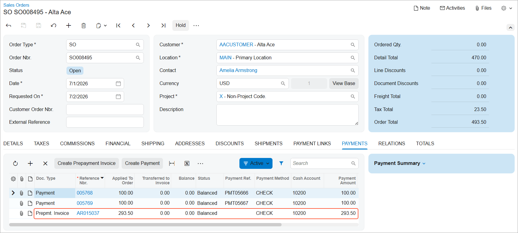 Acumatica Cloud ERP sales order prepayments — create prepayment invoices for sales orders with existing payments and automatically link the payment