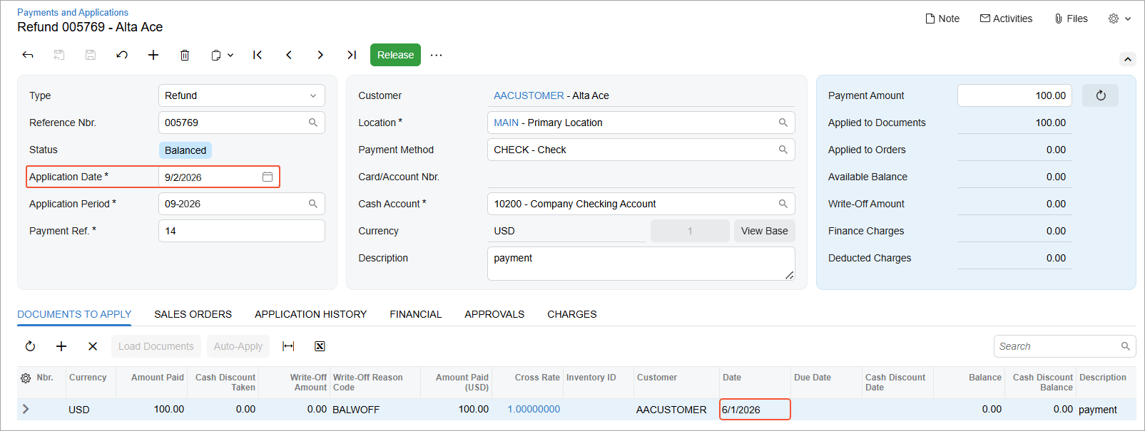 Acumatica Cloud ERP customer refunds — create refunds in the current open financial period without reopening a closed period