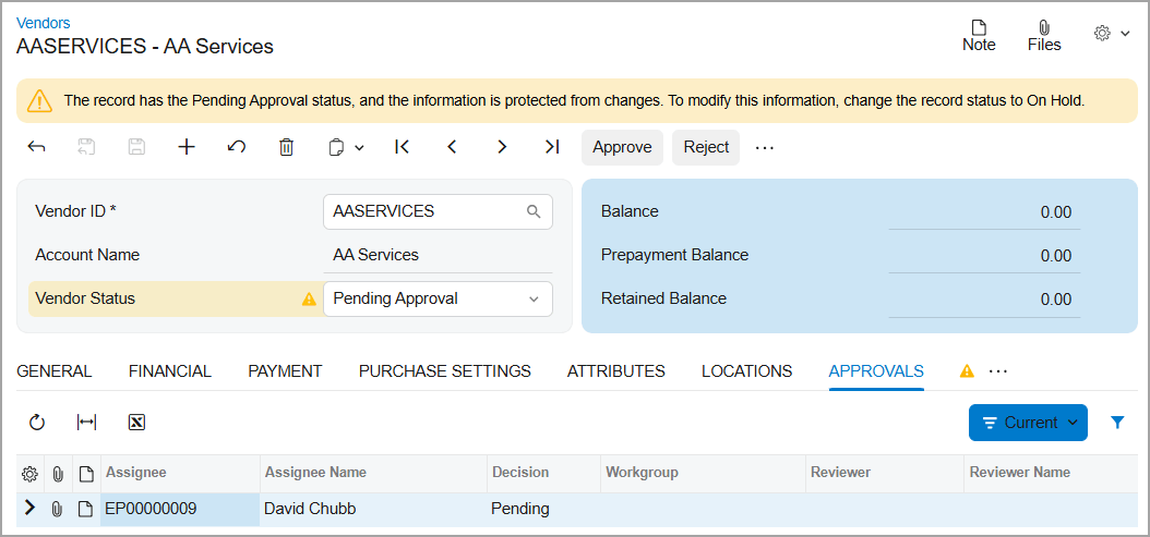 Acumatica Cloud ERP vendor approval workflow — new vendor held in Pending Approval with configurable approvals and change control