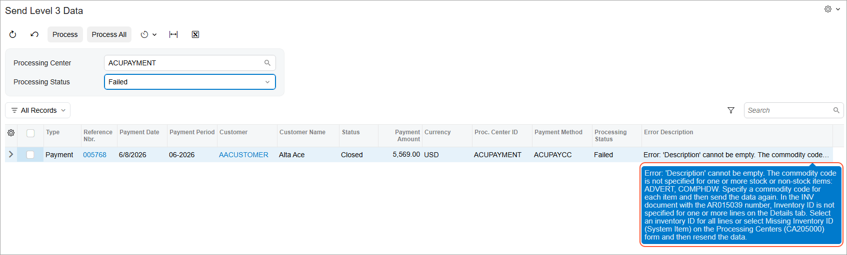 Acumatica Cloud ERP Visa Level 3 payment processing — Send Level 3 Data with clear, actionable errors for incomplete commodity codes and line-item data