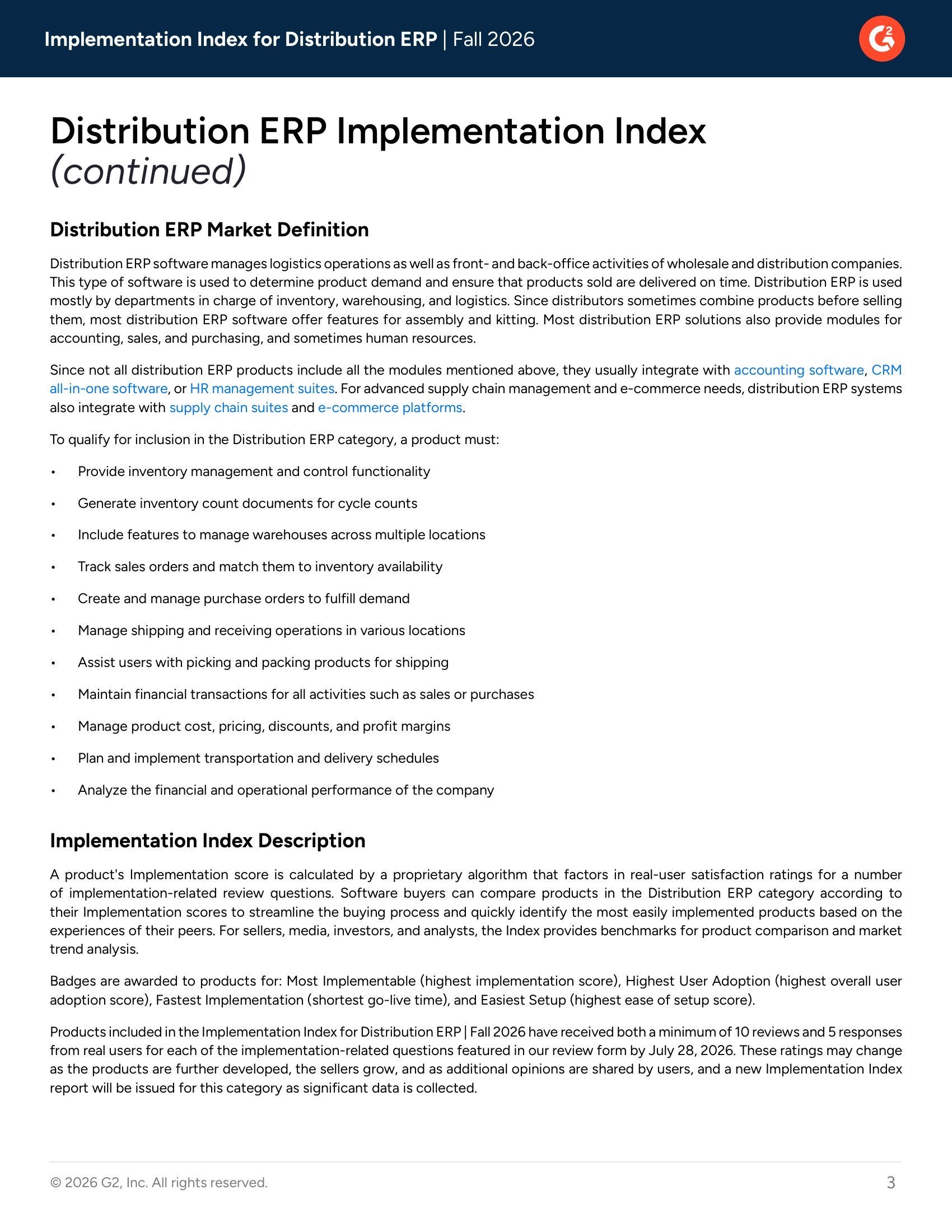 G2 Ranks Top Distribution ERP Solutions in Implementation Index -- Fall 2026, page 1