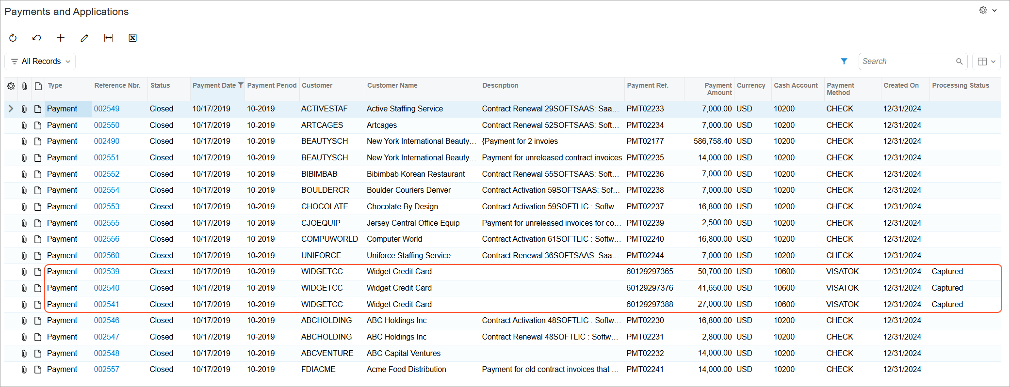 Acumatica Cloud ERP payment processing status — credit card and ACH payment statuses stored per payment for filtering, reporting, and business events
