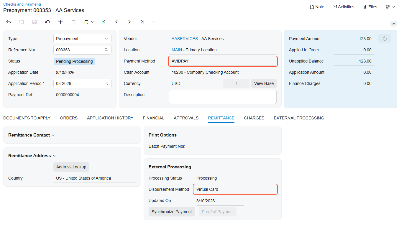 Acumatica Cloud ERP accounts payable automation — vendor payments through AvidXchange with virtual card disbursement and proof of payment